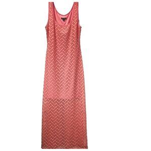 Roz & Ali Size 12 Maxi Dress Stretch Eyelet Over Lining Salmon Pink Poly Spandex